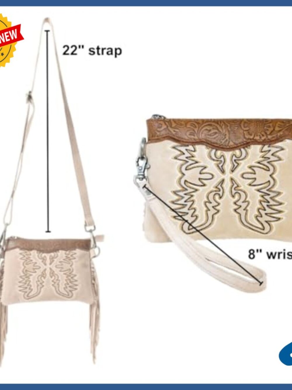 Leather Crossbody Bag with Fringe, Adjustable Strap, Zipper Pocket - Picture 6 of 7
